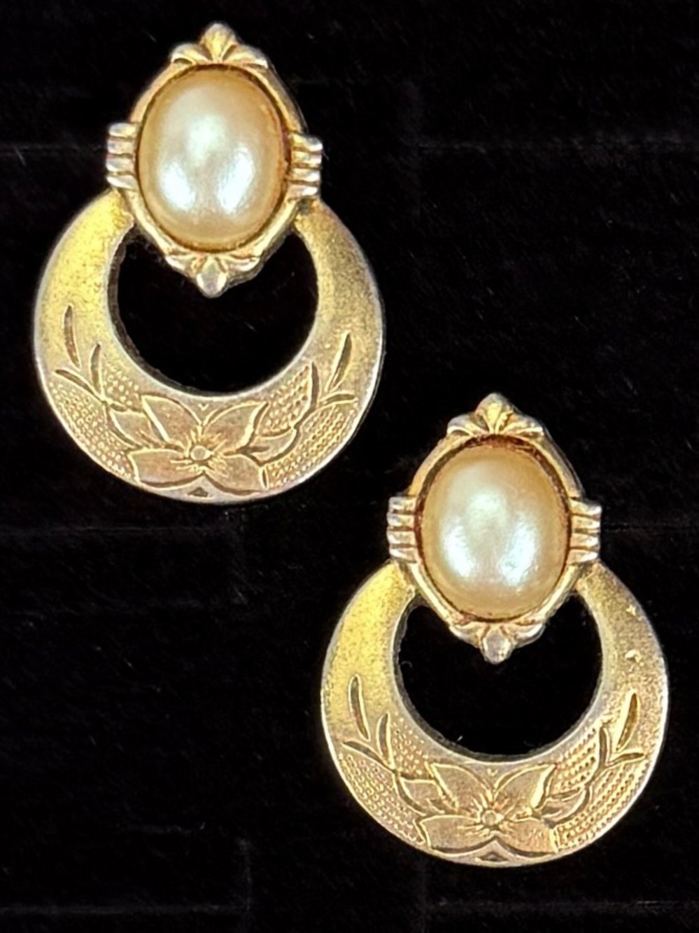 Vintage weighted aged goldtone, faux pearl pierced earrings